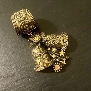 Vintage GB Antiqued Gold-tone Rhinestone Pendant Swirling Modern Scarf Ring Clip